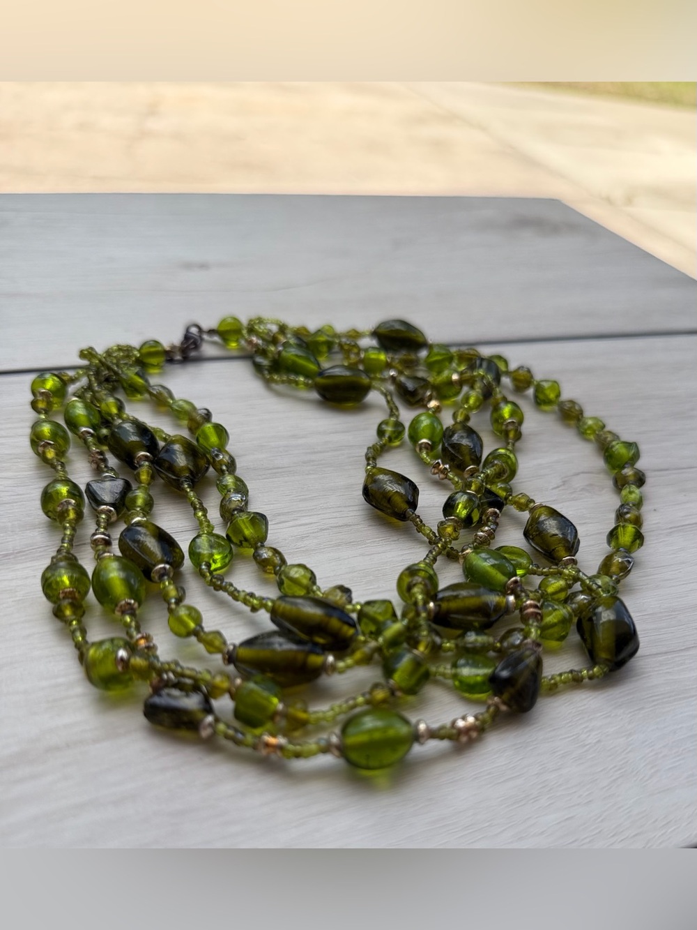 Vintage Olive Green Glass Bead Artisan MultiStrand Layered Necklace Boho Gatsby